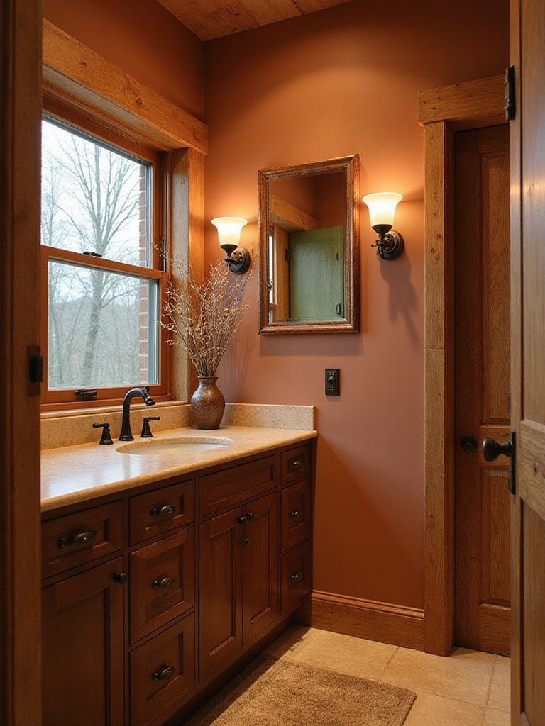Rustic bathroom featuring warm earth tones and natural light