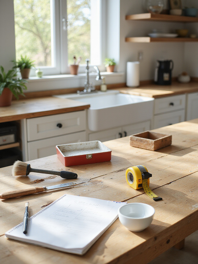 Organized DIY tools on a table in a bright kitchen workspace.