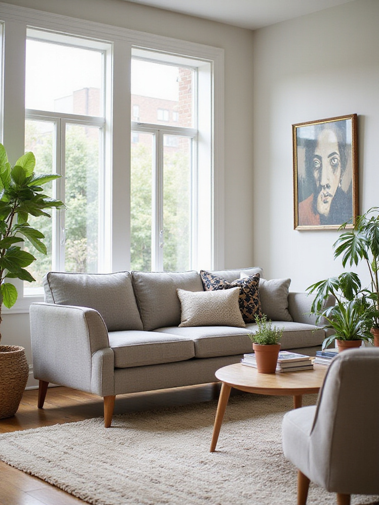 Stylish living room featuring a mid-century modern sofa and elegant decor.