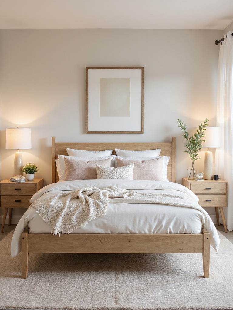 Stylish bedroom featuring a modern bed frame with neutral decor