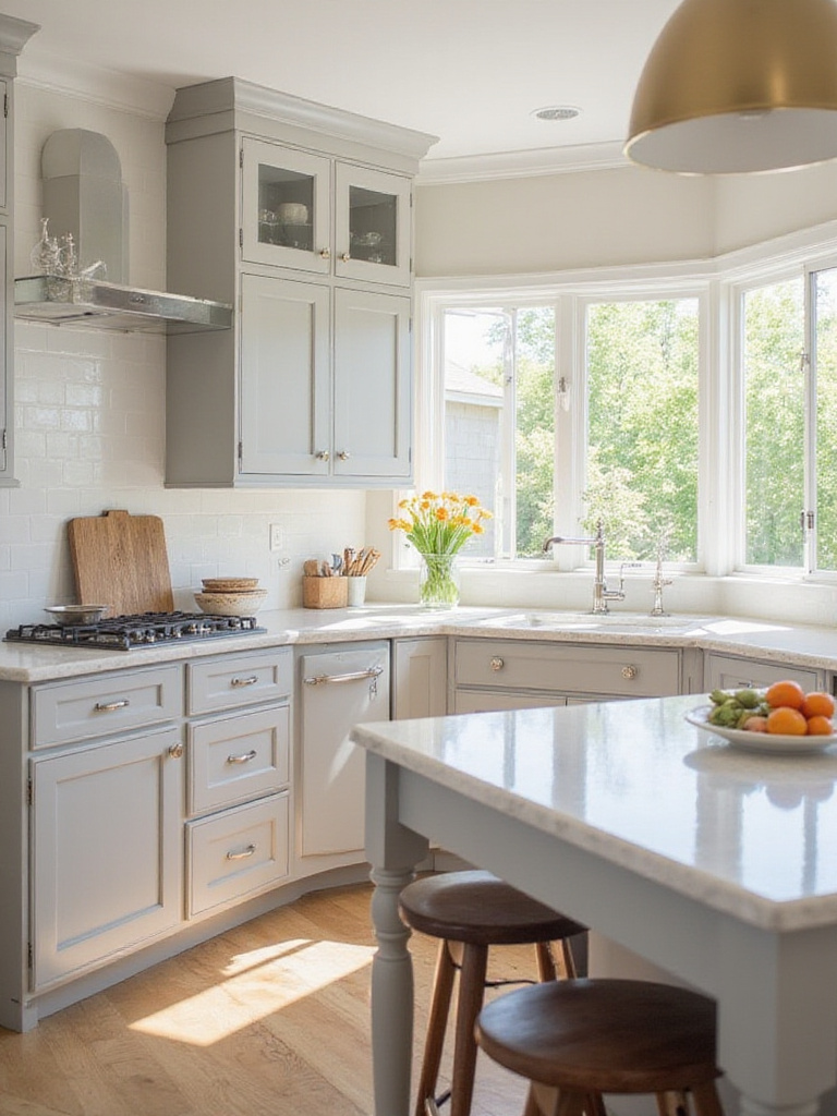 A serene kitchen with a harmonious color palette of light gray cabinets and white quartz countertops.