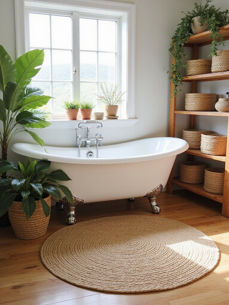 Rustic bathroom featuring jute rugs and baskets for a warm aesthetic