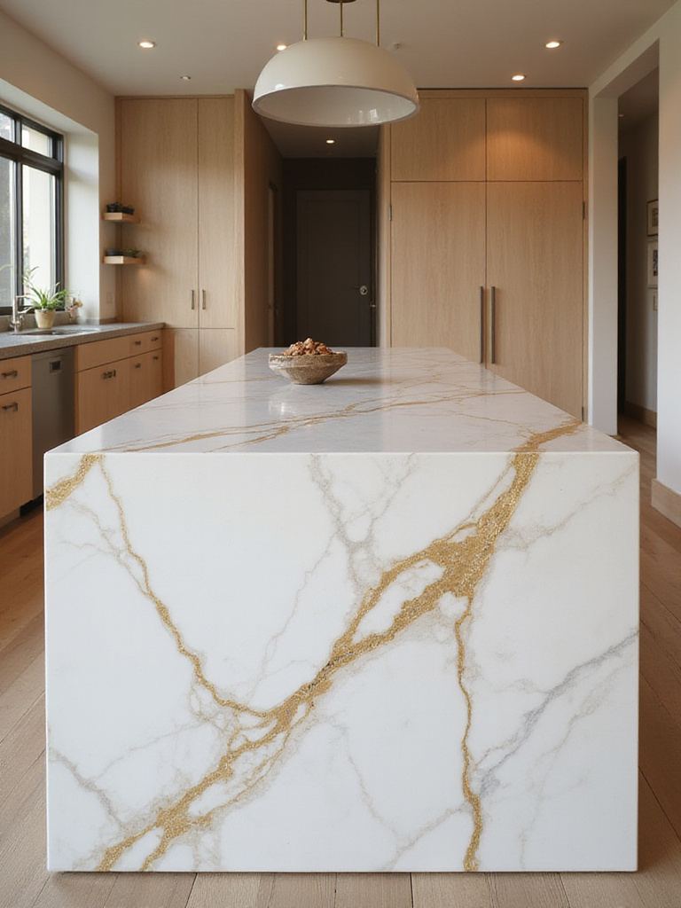 Luxurious kitchen with Calacatta Gold marble island and custom oak cabinetry