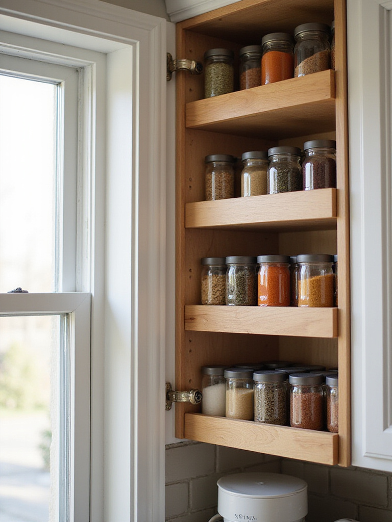 Organized kitchen cabinet with tiered spice racks and visible spice jars