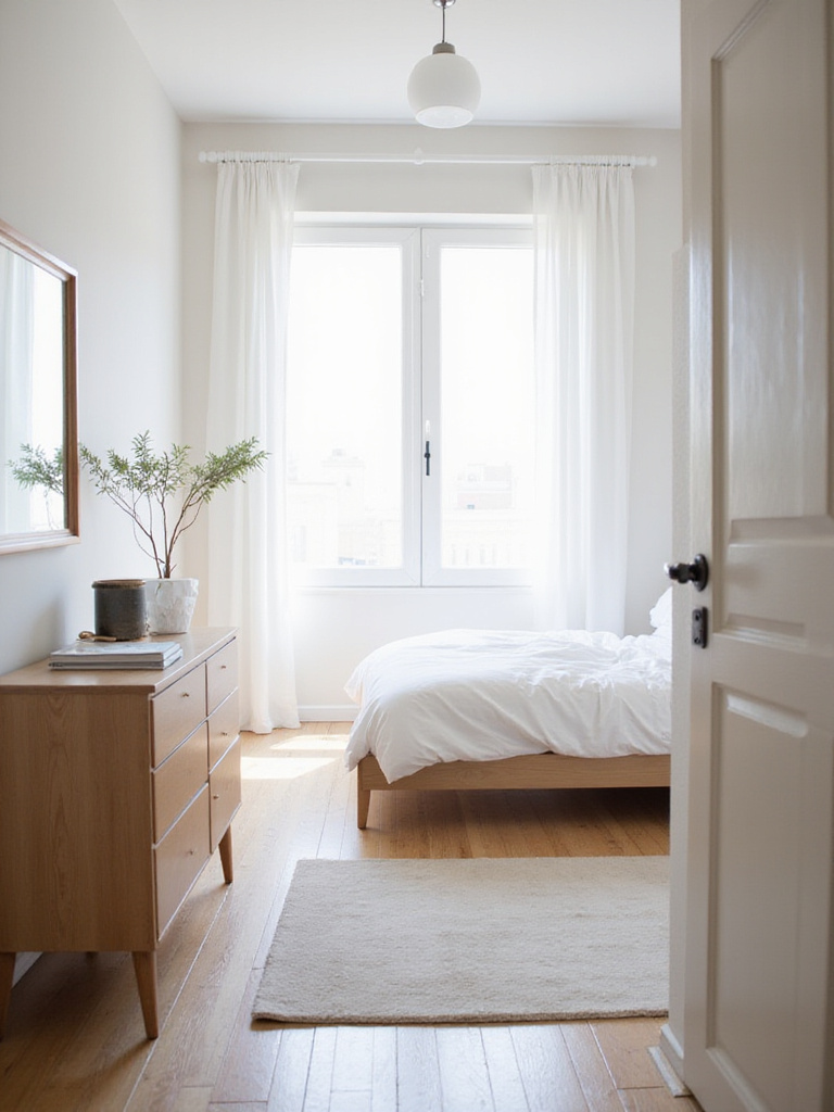 A bright and organized small bedroom with clear floor space, showcasing minimalist decor.