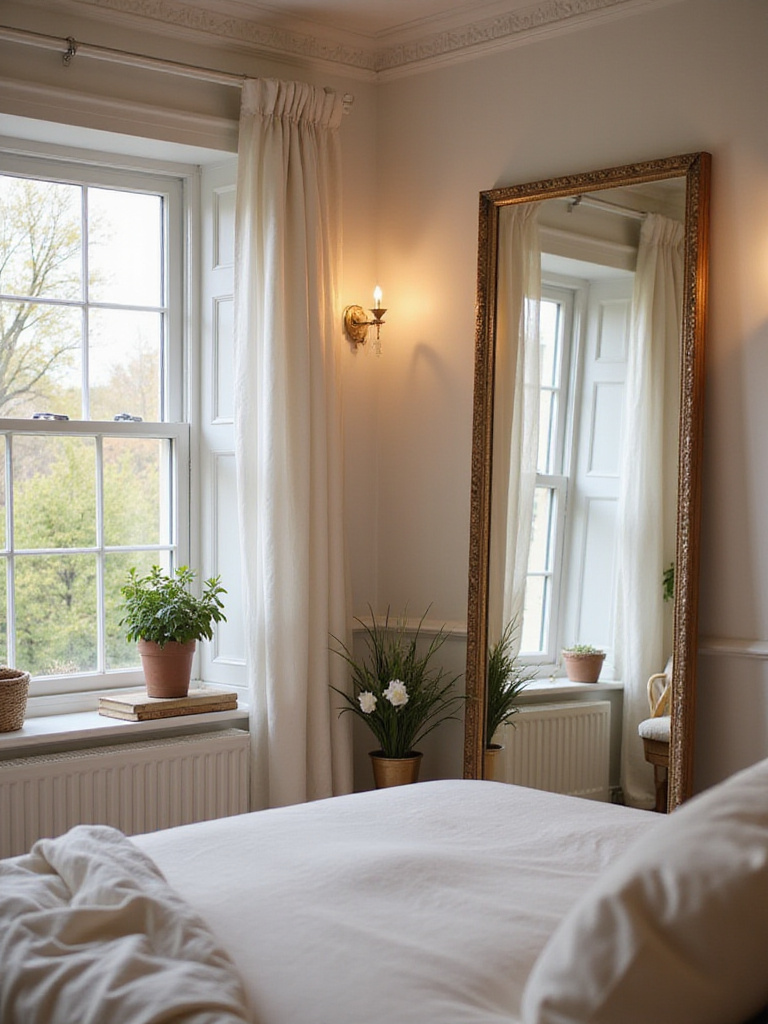 Bedroom with strategically placed mirrors reflecting light and space.