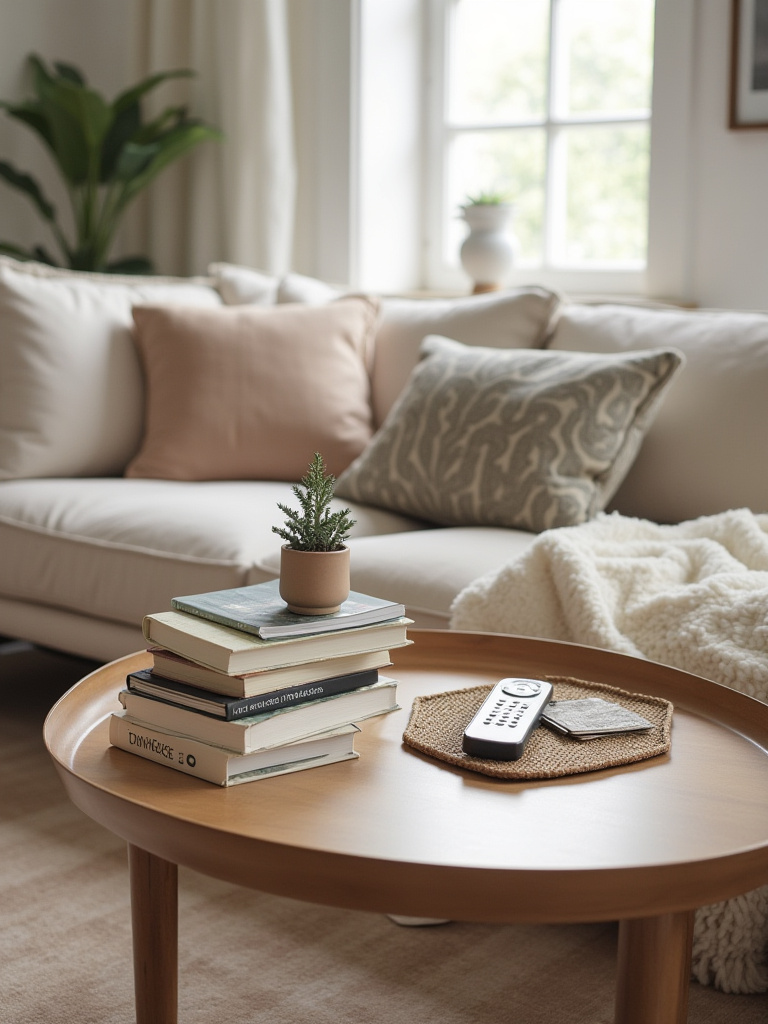 Stylishly arranged coffee table with decorative and functional items.