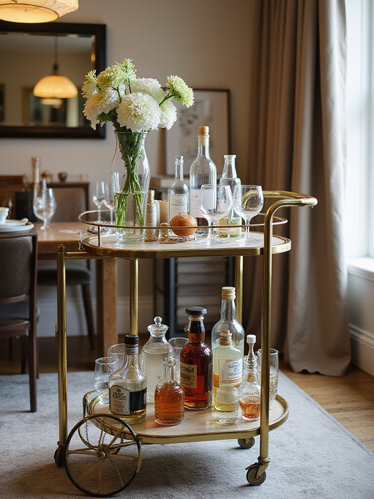 Styled bar cart in a modern dining room with spirits, glassware, and decorative elements.
