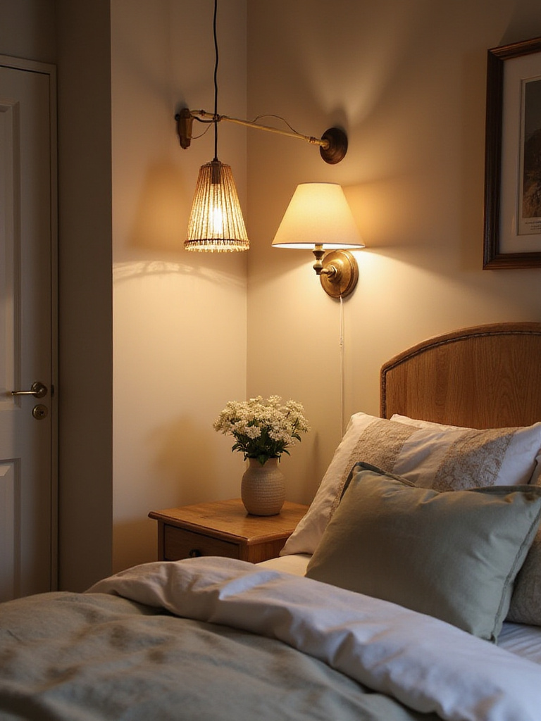 Small bedroom with wall-mounted sconces and pendant light, showcasing space-saving lighting solutions.