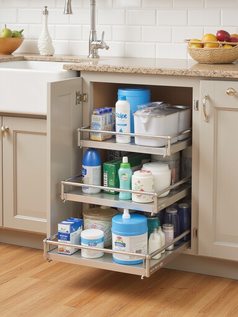 Organized under-sink cabinet with pull-out storage system for cleaning supplies.