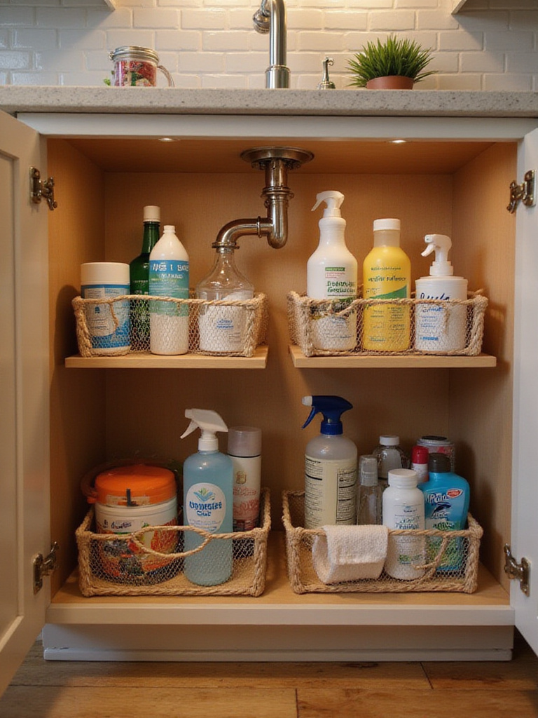 Organized under-sink cabinet with tiered organizers holding cleaning supplies.