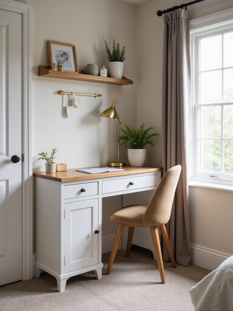 Stylish corner desk in a small bedroom with decorative elements and natural lighting