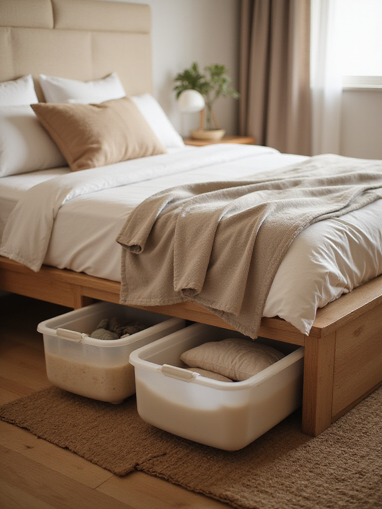 Small bedroom featuring organized under-bed storage solutions with smart containers