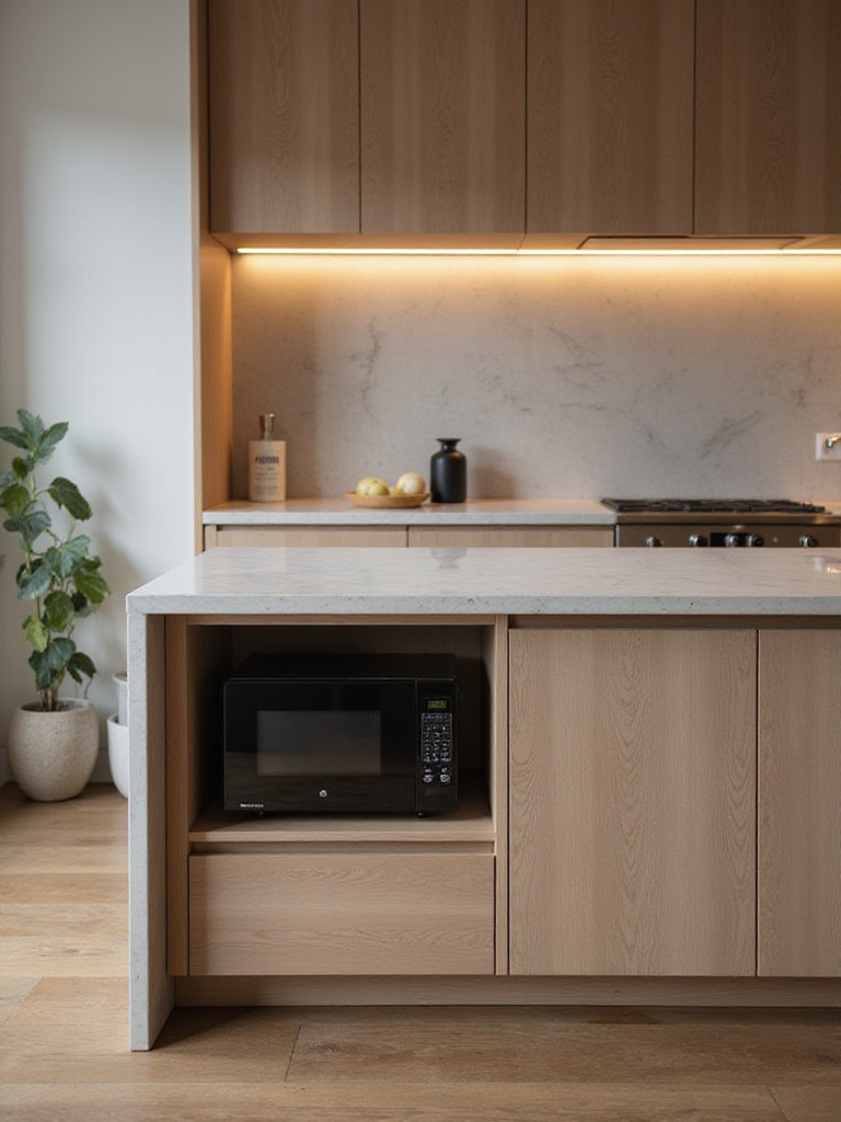Modern kitchen island with an integrated under-counter microwave nook