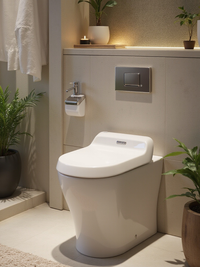 Modern bathroom featuring a smart toilet with advanced hygiene features.