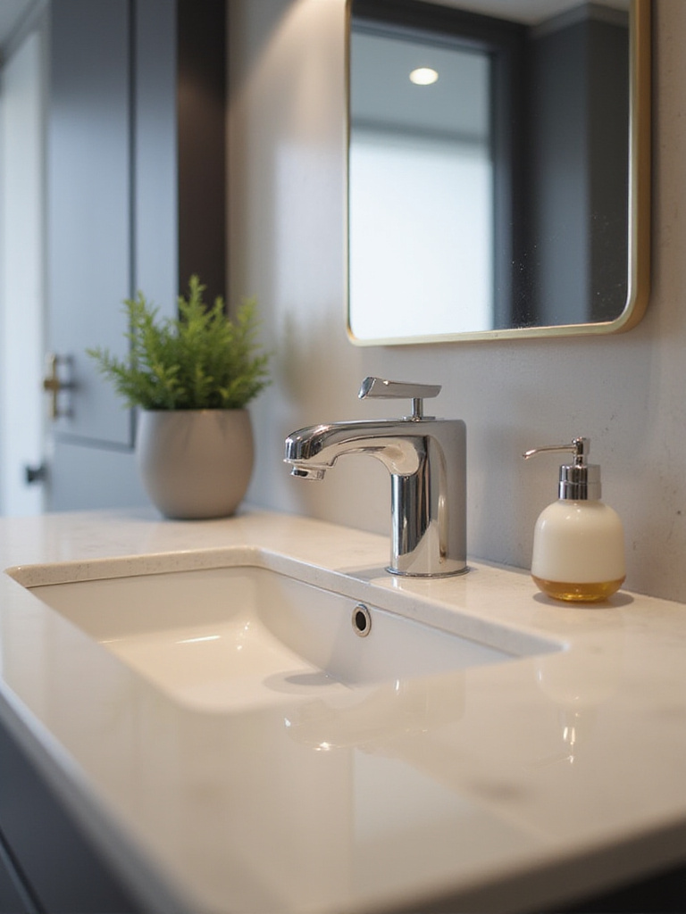 Modern bathroom with touchless faucet and stylish decor