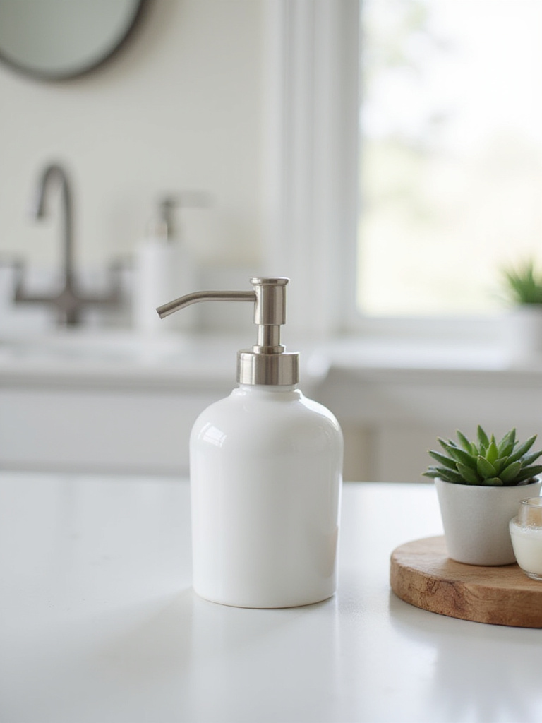 Aesthetic refillable soap dispenser on bathroom sink with minimalist decor