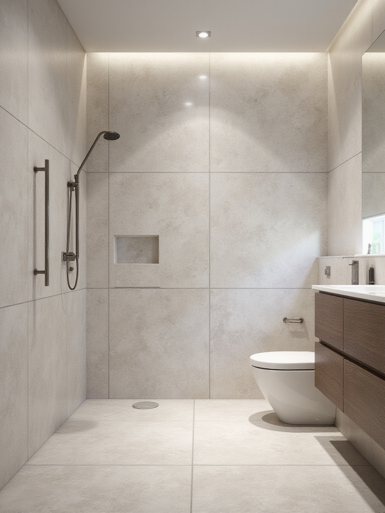 Modern bathroom with large-format tiles creating a seamless wall design.