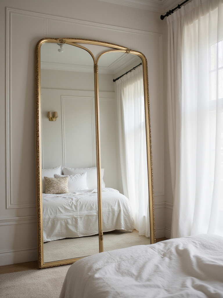 A small bedroom with a large floor-to-ceiling mirror reflecting natural light and creating a sense of spaciousness.