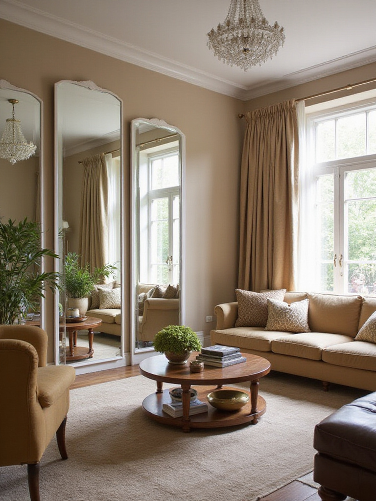 A stylish living room with large mirrors enhancing light and space.