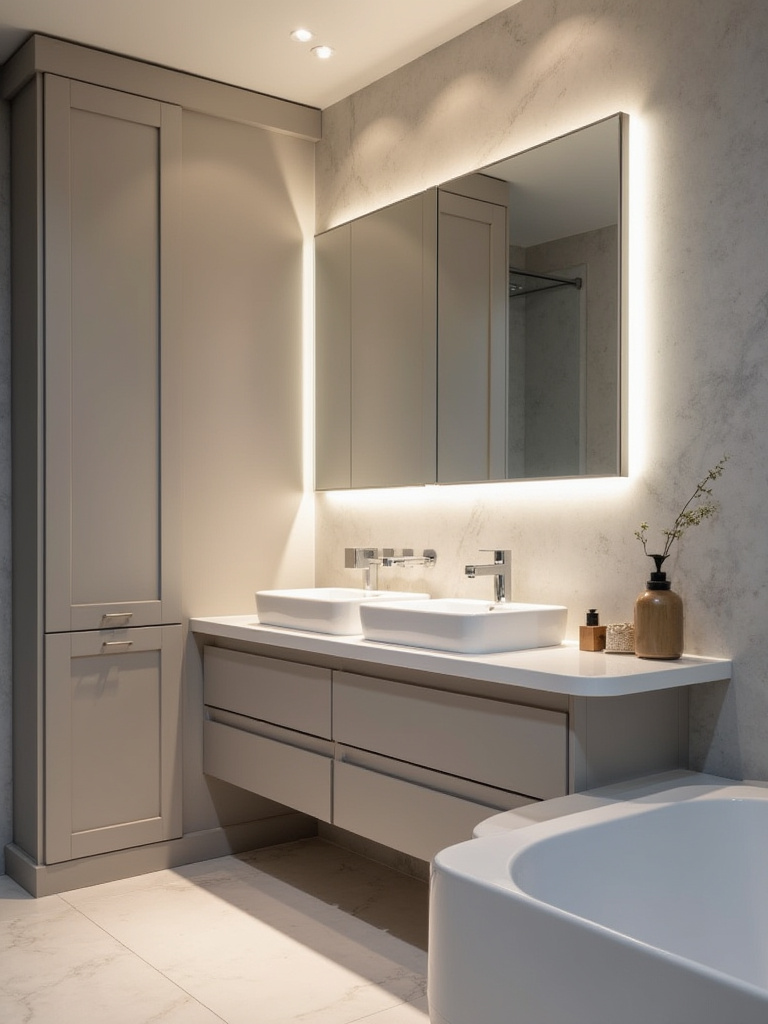 Modern bathroom featuring hidden storage solutions with a sleek design.