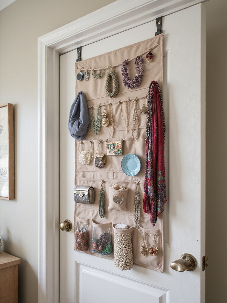 An organized bedroom door with an over-the-door organizer filled with accessories and small items.