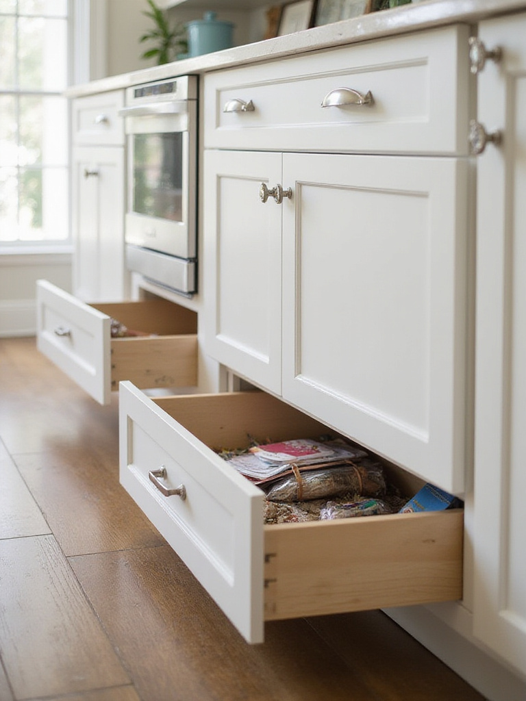 Modern kitchen showcasing concealed toe-kick drawers for organized storage
