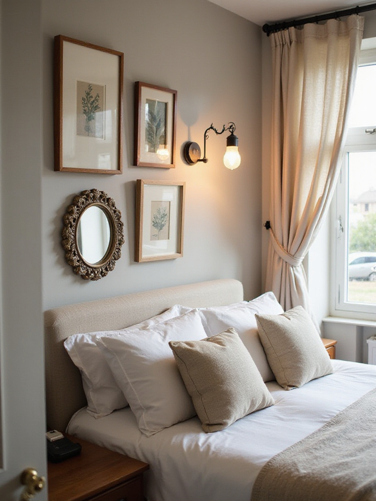 Stylish small bedroom with wall decor including art, sconces, and a mirror