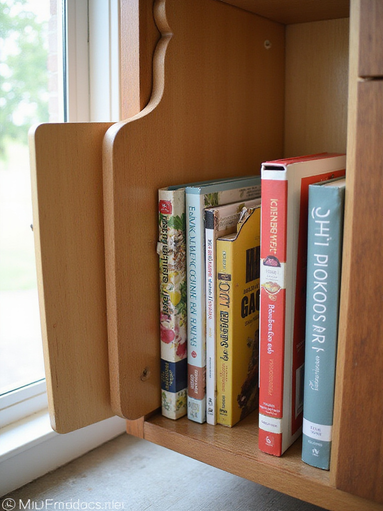 Organized kitchen cabinet with vertical dividers holding cookbooks and cutting boards