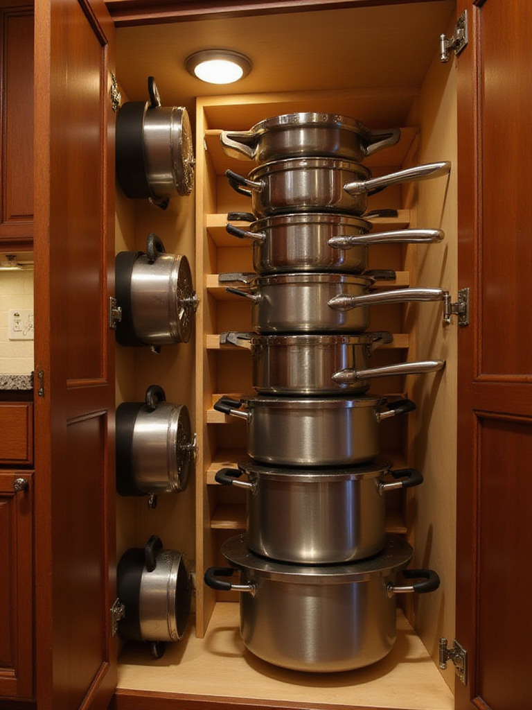 Organized kitchen cabinet with vertical dividers for pots and pans