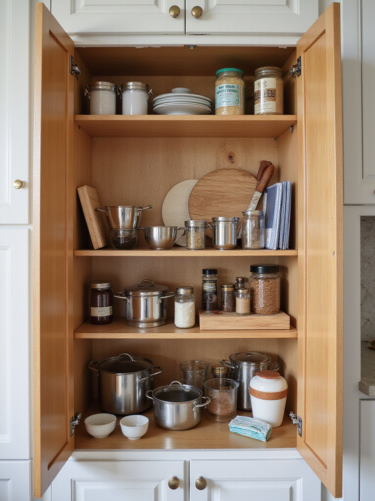 Well-organized kitchen cabinet showcasing functional zones for efficiency