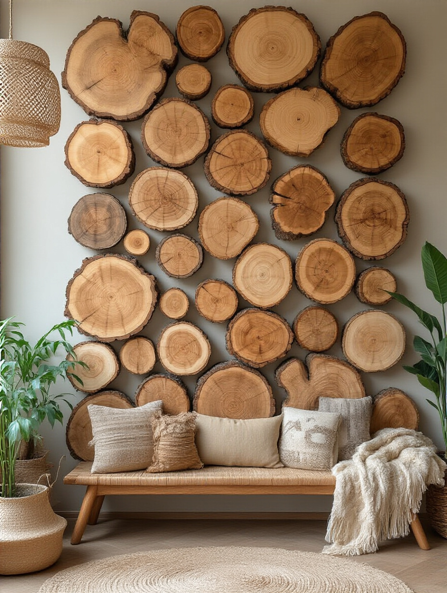 Boho living room wall decorated with a clustered arrangement of natural wood slices showcasing organic grain patterns and textures