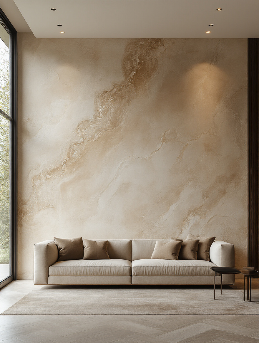 Living room wall with polished Venetian plaster finish showcasing luxurious marble-like texture and subtle color variations