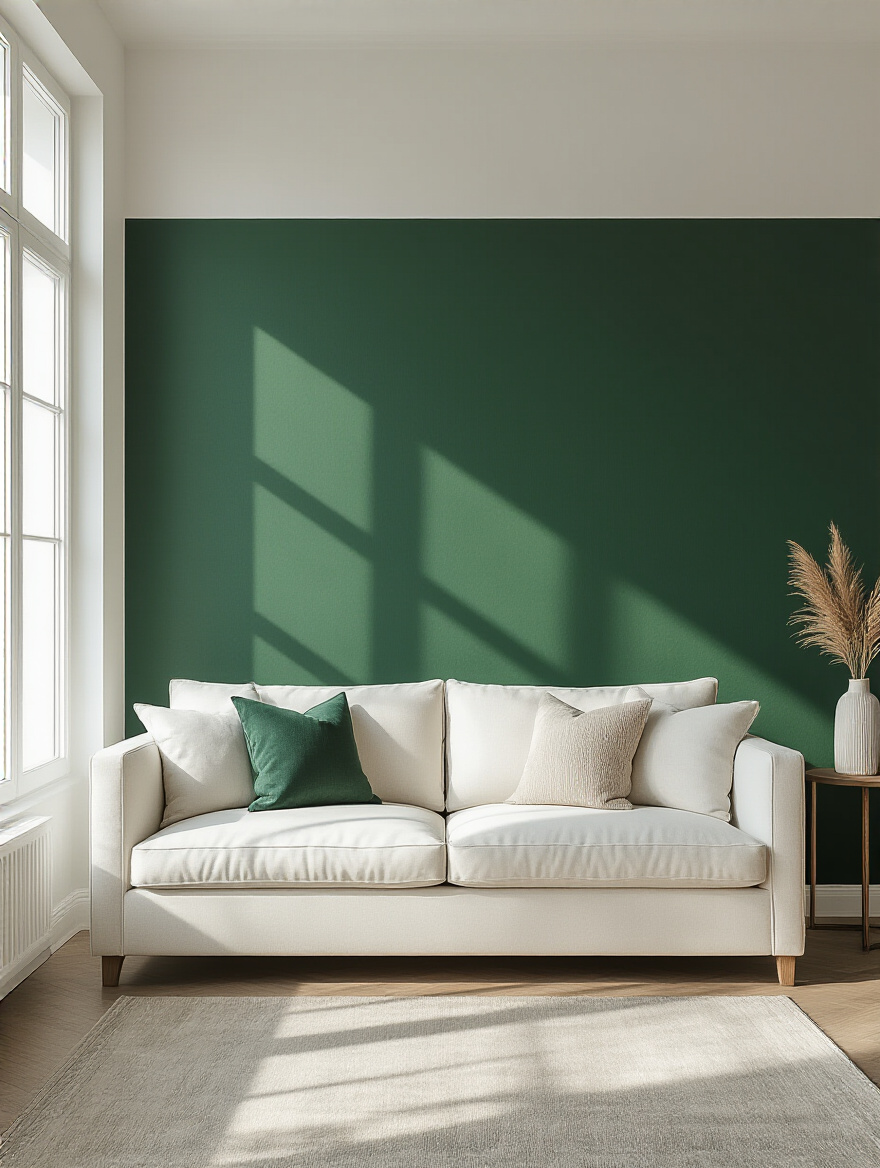 Modern living room with a boldly painted deep green accent wall behind a white sofa, showcasing a stylish and impactful design