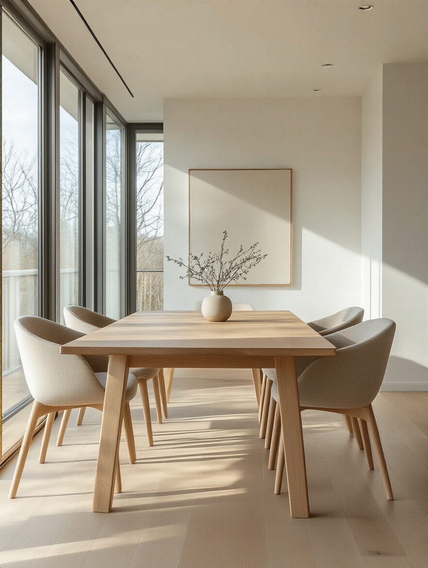 Minimalist modern dining room with sleek wooden table and neutral decor, bathed in natural light