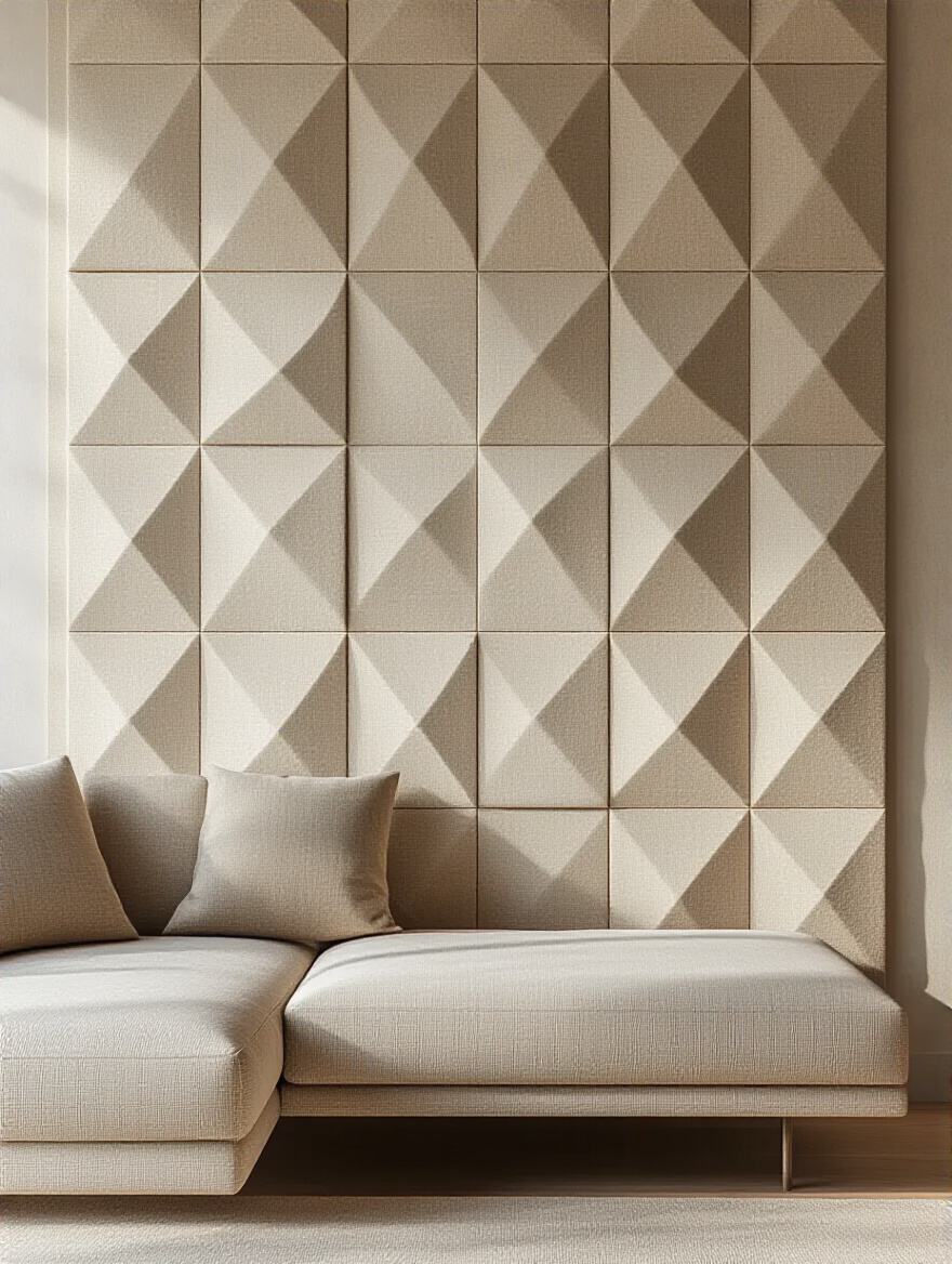 Modern living room wall with sound-absorbing textured wall panels in geometric pattern and warm ambient lighting