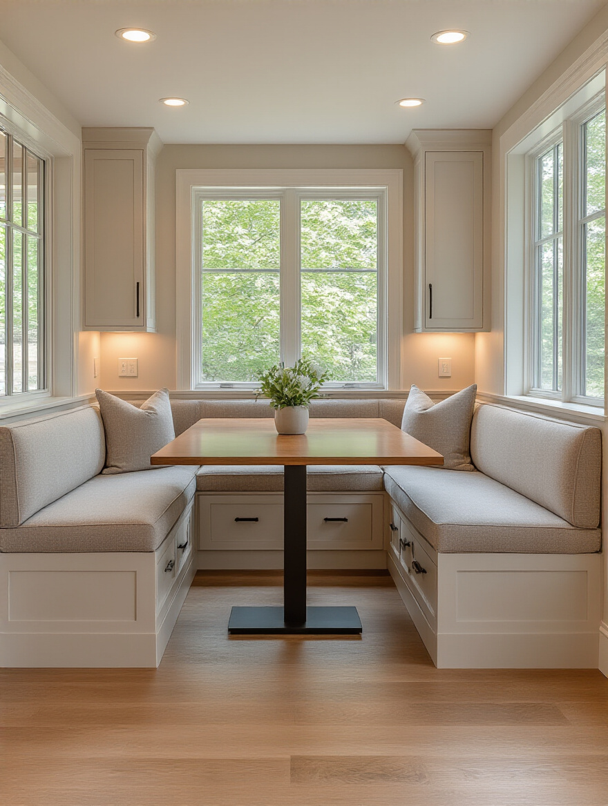 Built-in banquette seating in a modern kitchen dining nook with storage and cushions