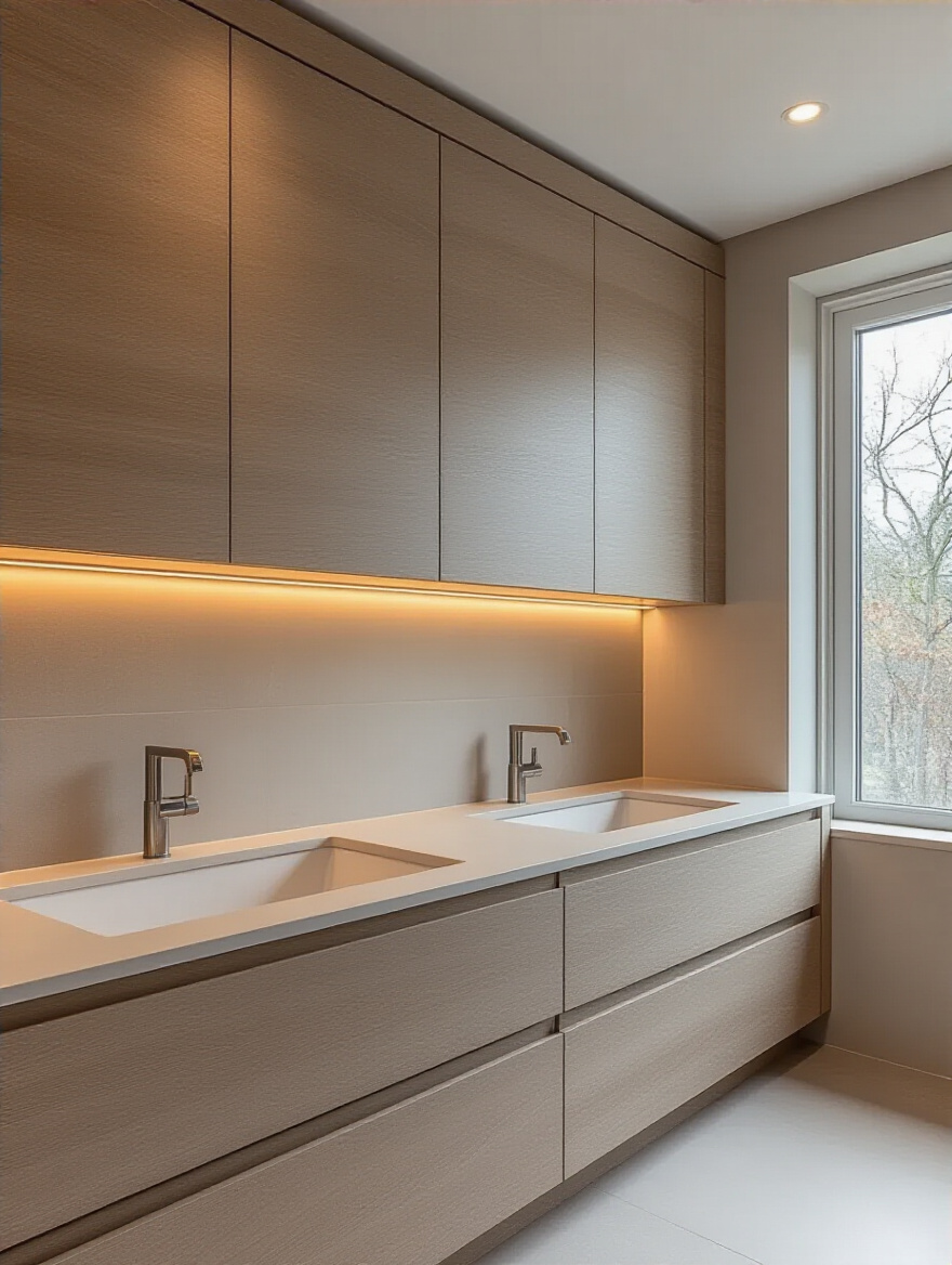 Modern bathroom with built-in cabinetry integrated into the wall for discreet ample storage, featuring minimalist design and soft lighting.