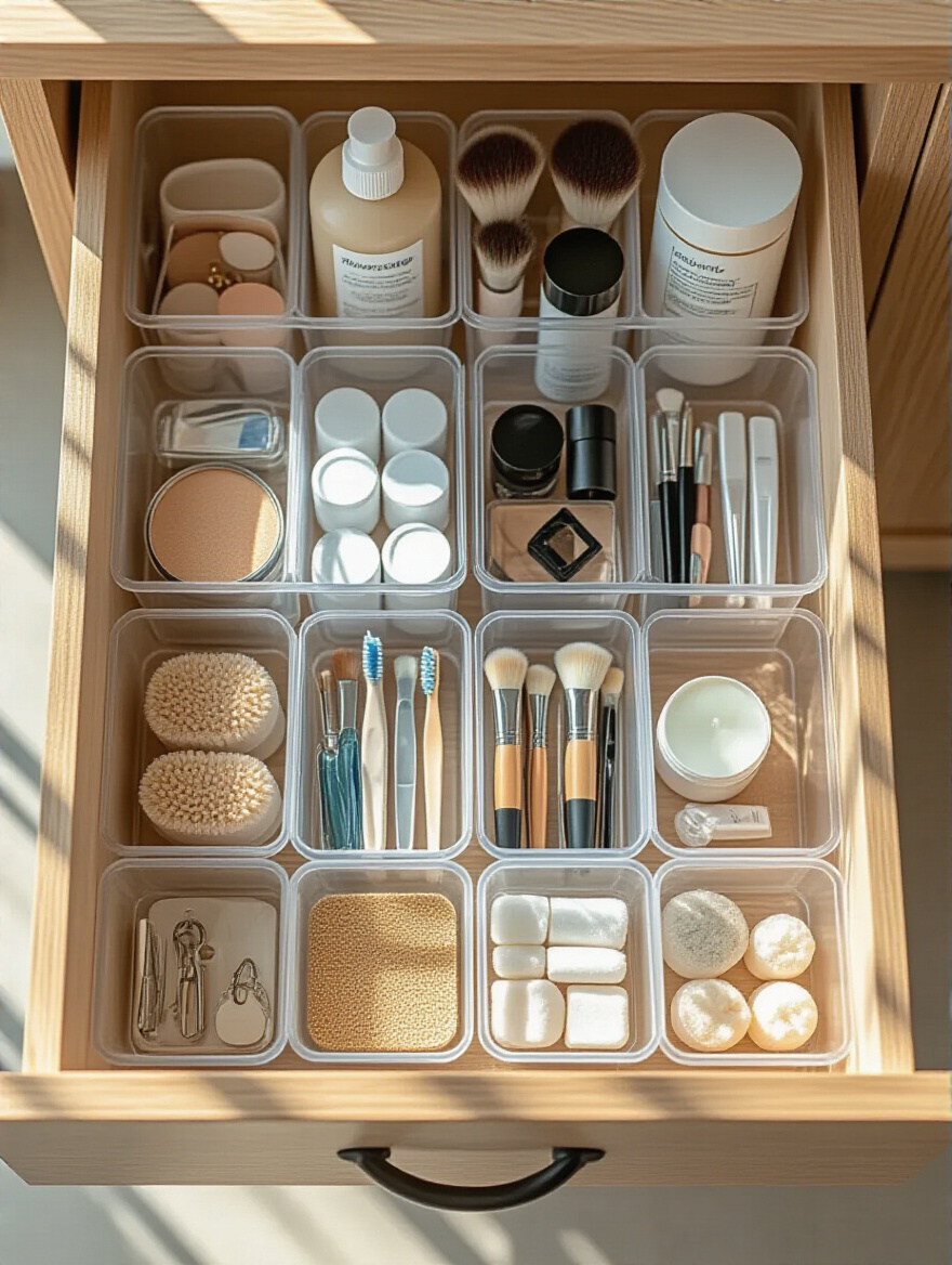 Organized bathroom drawer with clear storage bins neatly holding makeup and toiletries