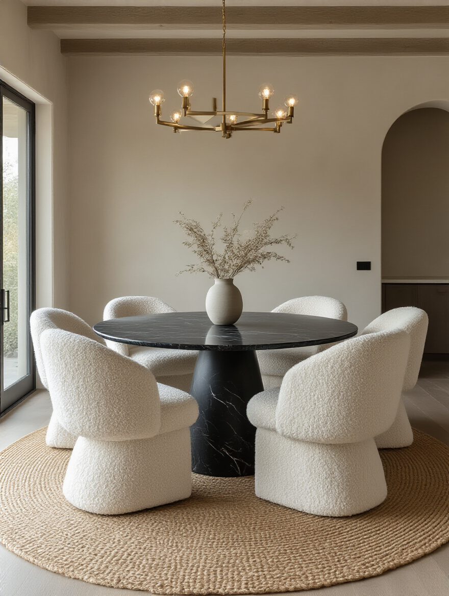 Modern dining room with black marble table, bouclé chairs, jute rug, and textured limewash walls showcasing diverse textures