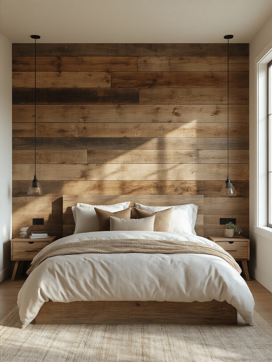 Bedroom featuring reclaimed wood paneling on the walls, showcasing natural warmth and unique textures.