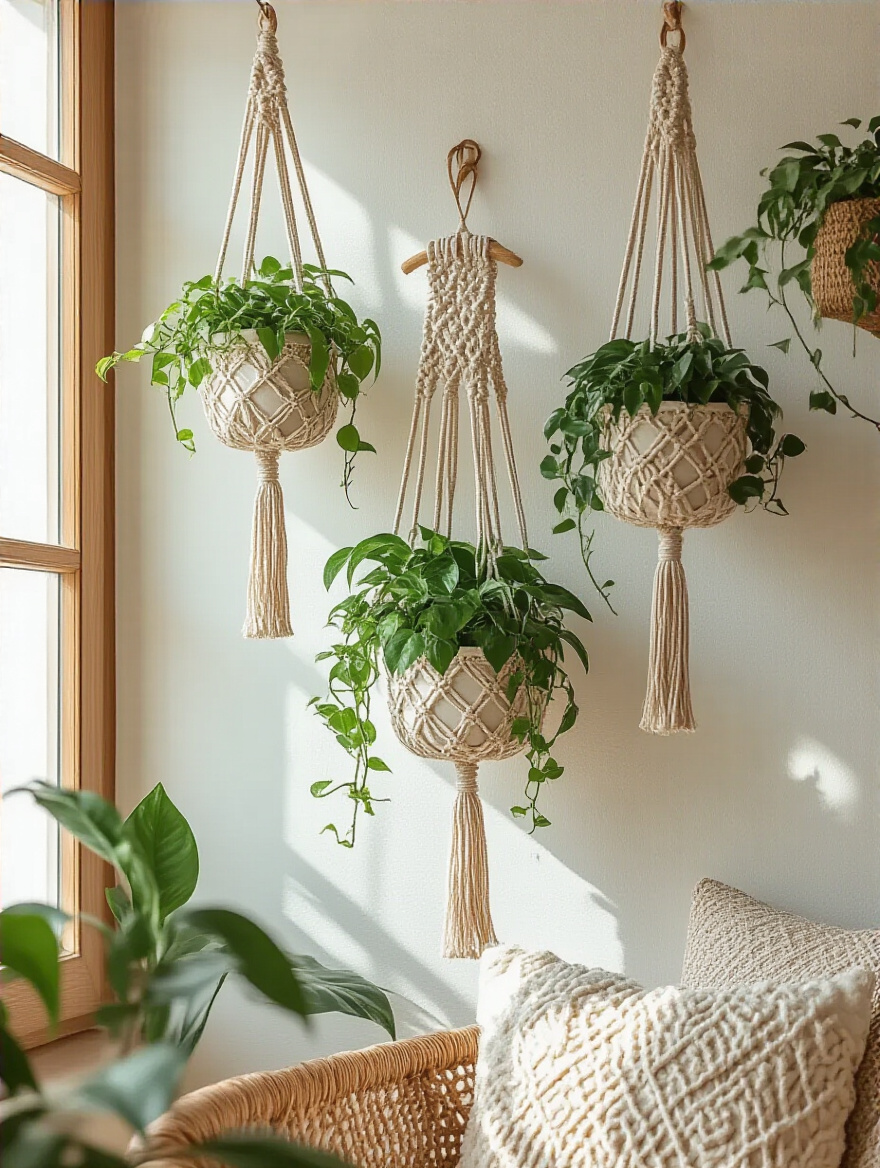 Boho living room corner with wall-mounted macrame and rattan hanging plant holders featuring trailing green plants in natural light