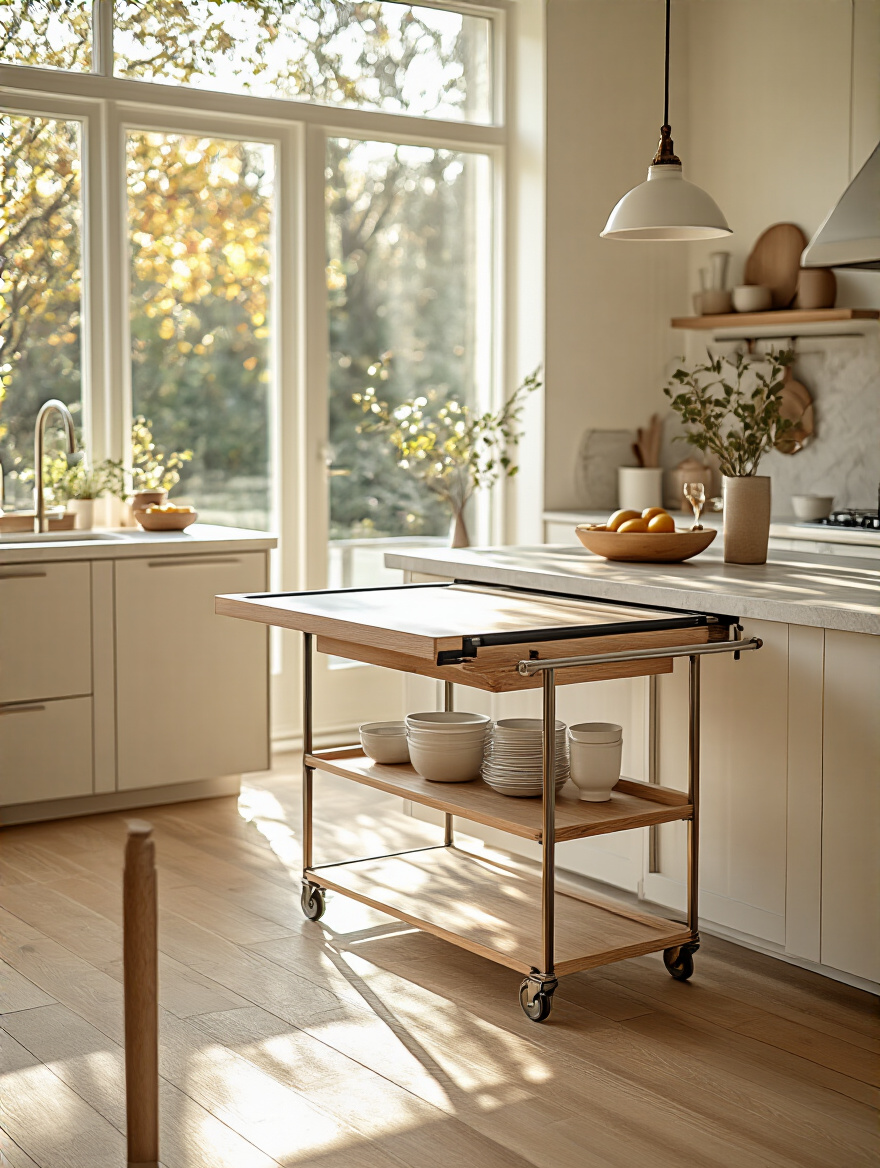 Modern kitchen island with a rolling cart and extendable countertop