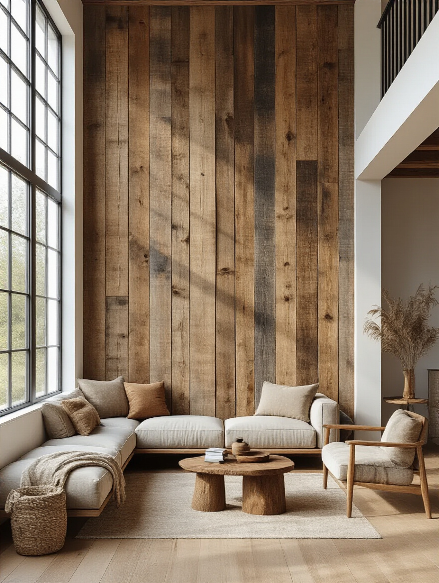 Living room with a full-height reclaimed wood feature wall showcasing rustic warmth and natural wood textures