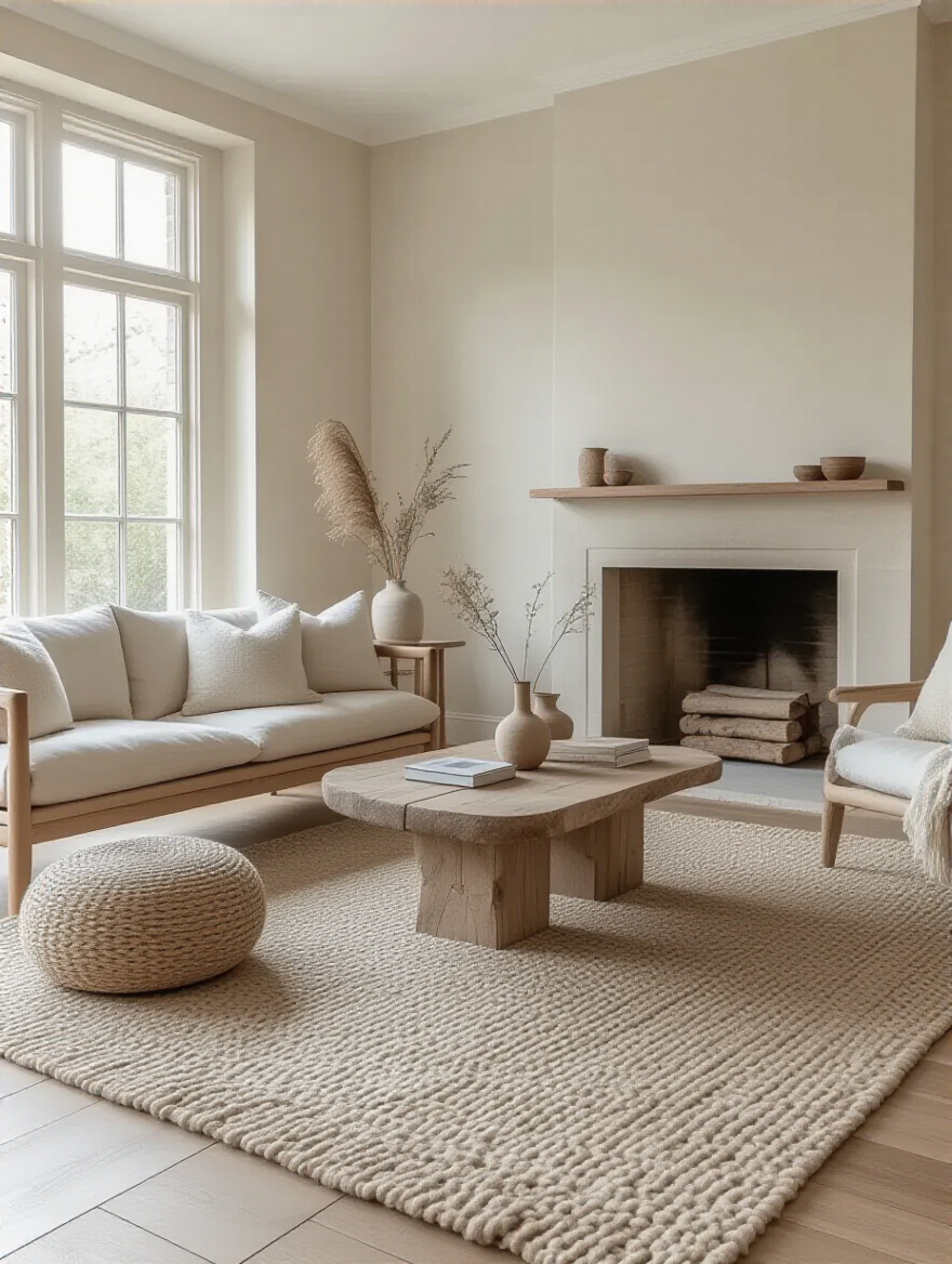Living room painted in warm naturals-inspired neutral paint tones with wooden furniture and natural light