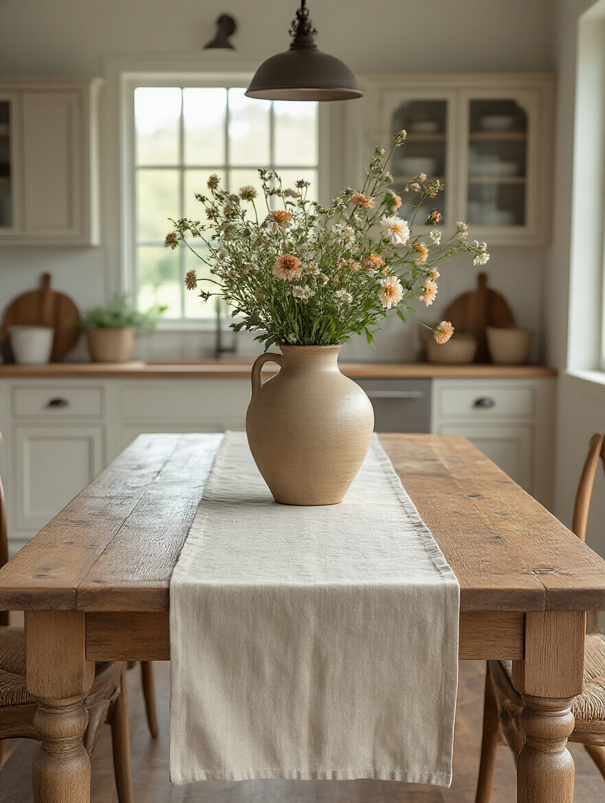 Distressed wood farmhouse table set in a cozy kitchen with natural lighting and rustic decor.