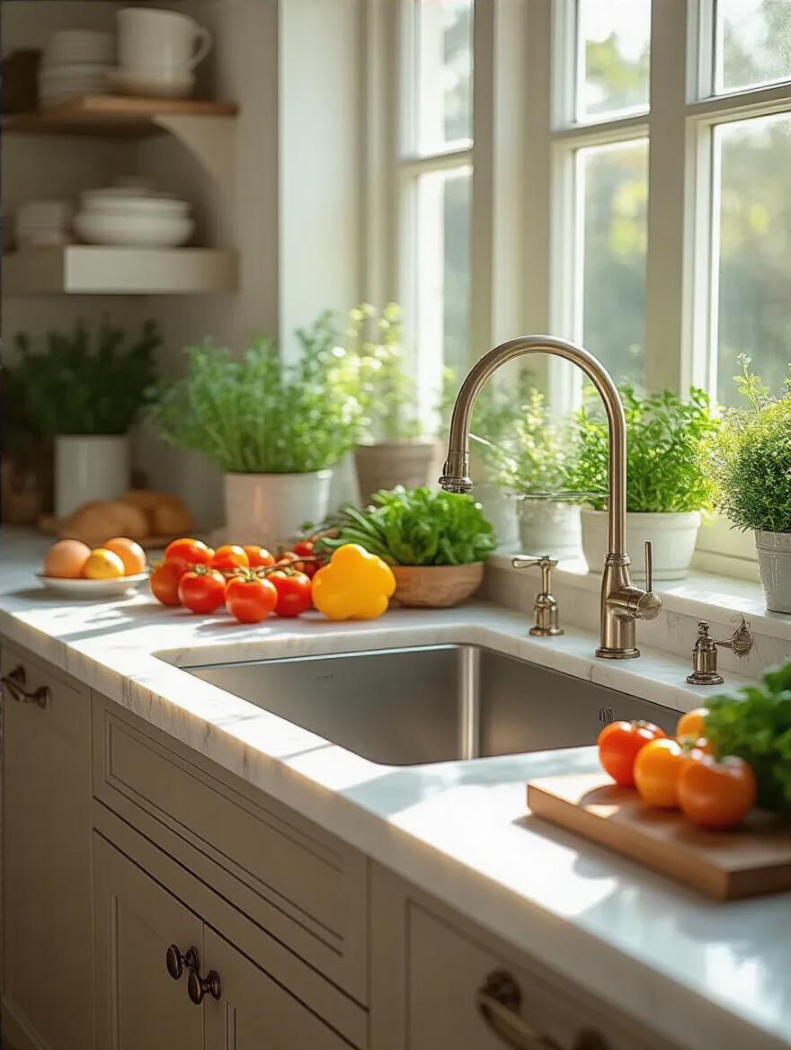 Kitchen island with a dedicated prep sink and fresh ingredients, showcasing modern design.