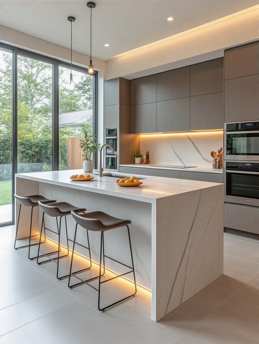 Modern kitchen with a sleek waterfall island featuring a seamless quartz countertop flowing down the sides, with integrated seating and contemporary lighting