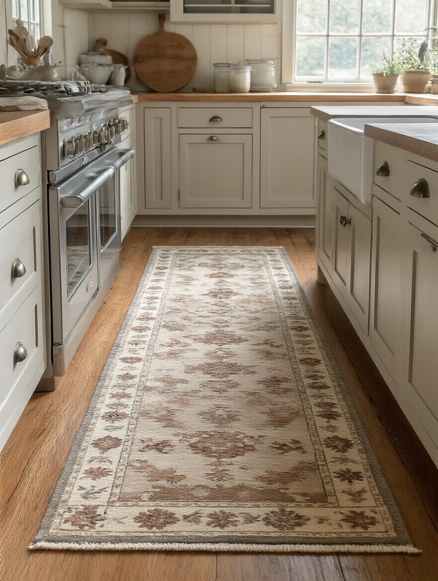 Cozy farmhouse kitchen featuring a vintage-style runner rug in front of an apron sink.