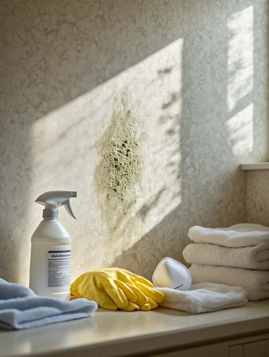 Laundry room wallpaper corner with mold spot being cleaned using approved mold and mildew cleaners, professional cleaning supplies visible